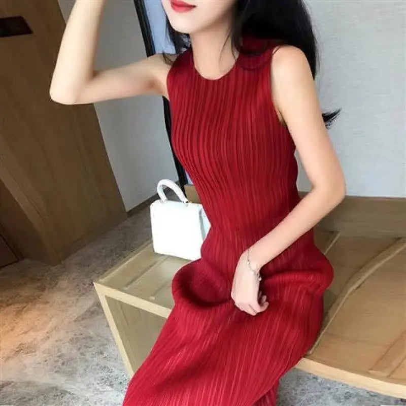 Hnewly  Grey Slimming Folded Hem Dress Sleeveless Base Layer over Knee Long Vest Dress Summer Small Fragrance Style Casual Dress