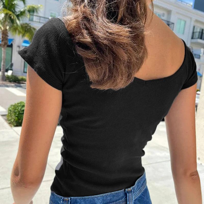 Hnewly Solid Black Knitted Crop Top Women Summer Casual Short Sleeve Skinny V Neck T-shirt y2k Vintage Basic T Shirt Streetwear