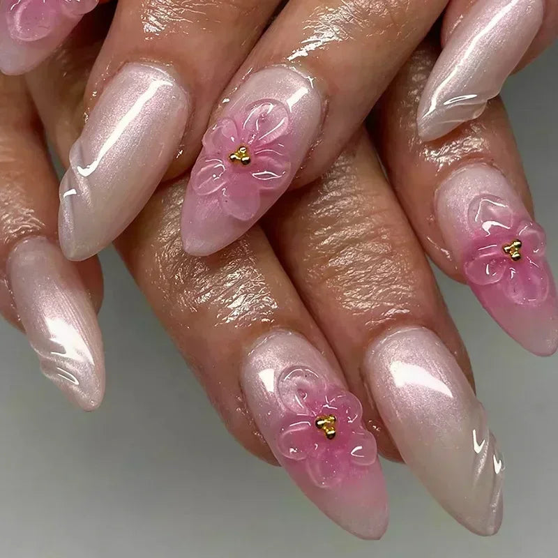 Hnewly 24pcs Detachable Flower Almond bowknot French False Nails Stars Love Glitter Design Press on Nails Fake Nials DIY Manicure Nails