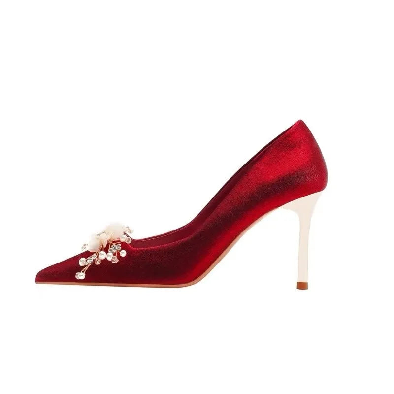 Hnewly  New Chinese Wedding Dress Toast Wedding Banquet Wedding Shoes Women's Niche Bridal Shoes Red High Heels