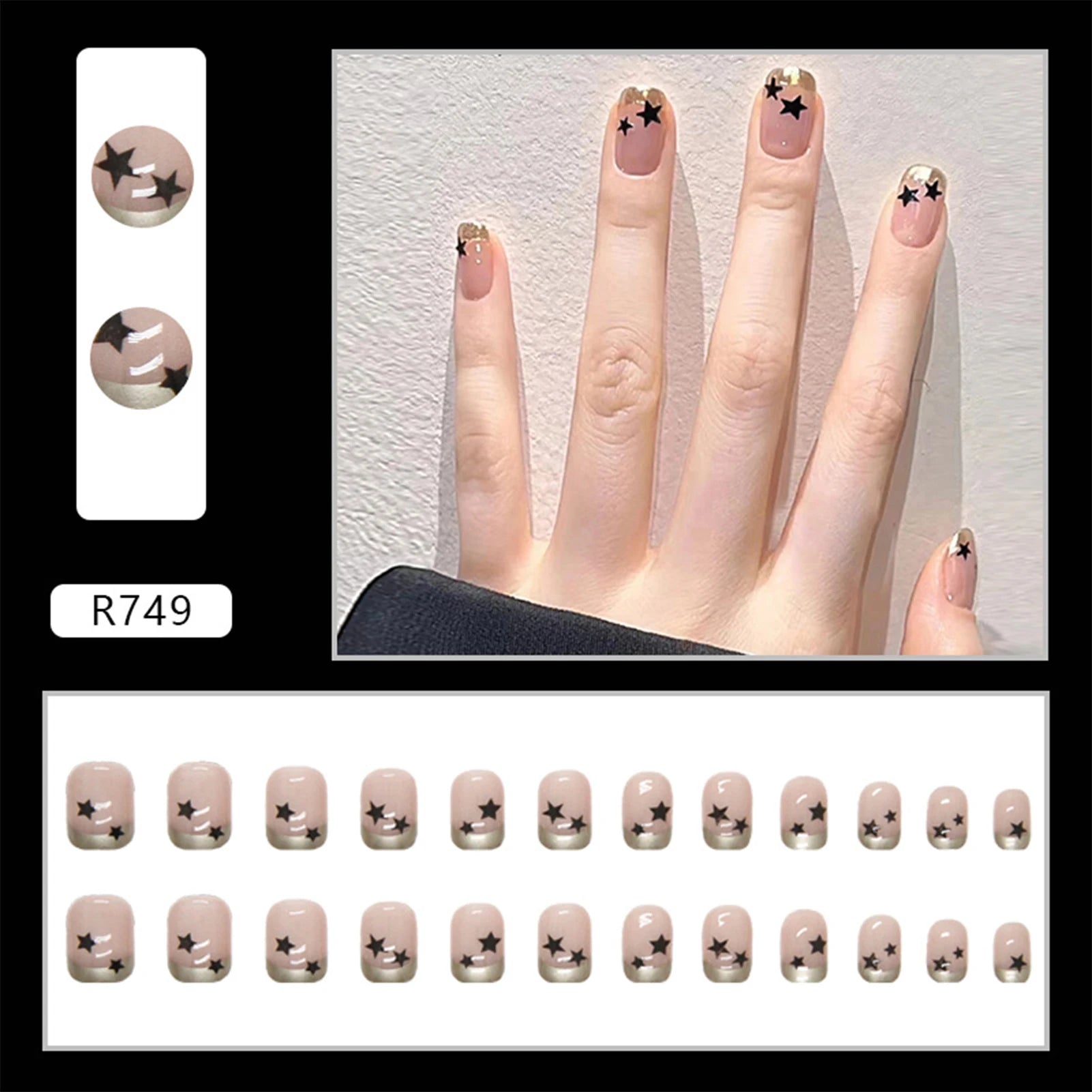 Hnewly 24pcs Gradient False Nails Cute Star Printed Design Fake Nail Short Square Faux Ongles Manicure Nail Stickers Press On Nail Tips
