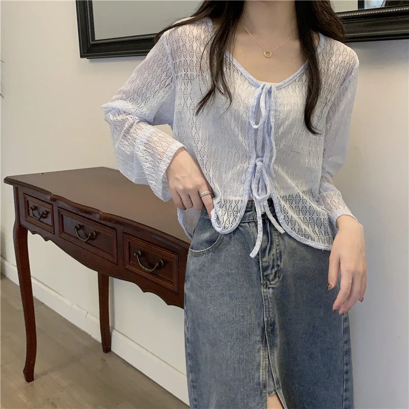Hnewly  Bow Front Cardigan for Women Petite Teen-girl Sheer Long Sleeve Tie-up Blouse Knit Top Beach Cover Up Y2K Fairycore Outfit