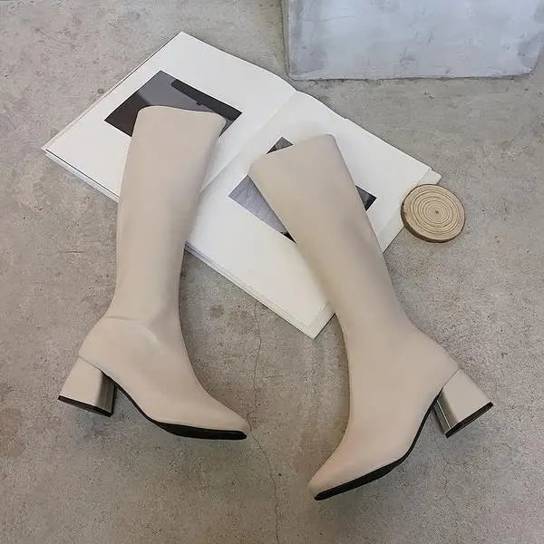 Hnewly Knee-length Boots Women Women's Rubber Shoes Sexy Square Heel Thigh High Heels Luxury Winter Heeled Booties Black