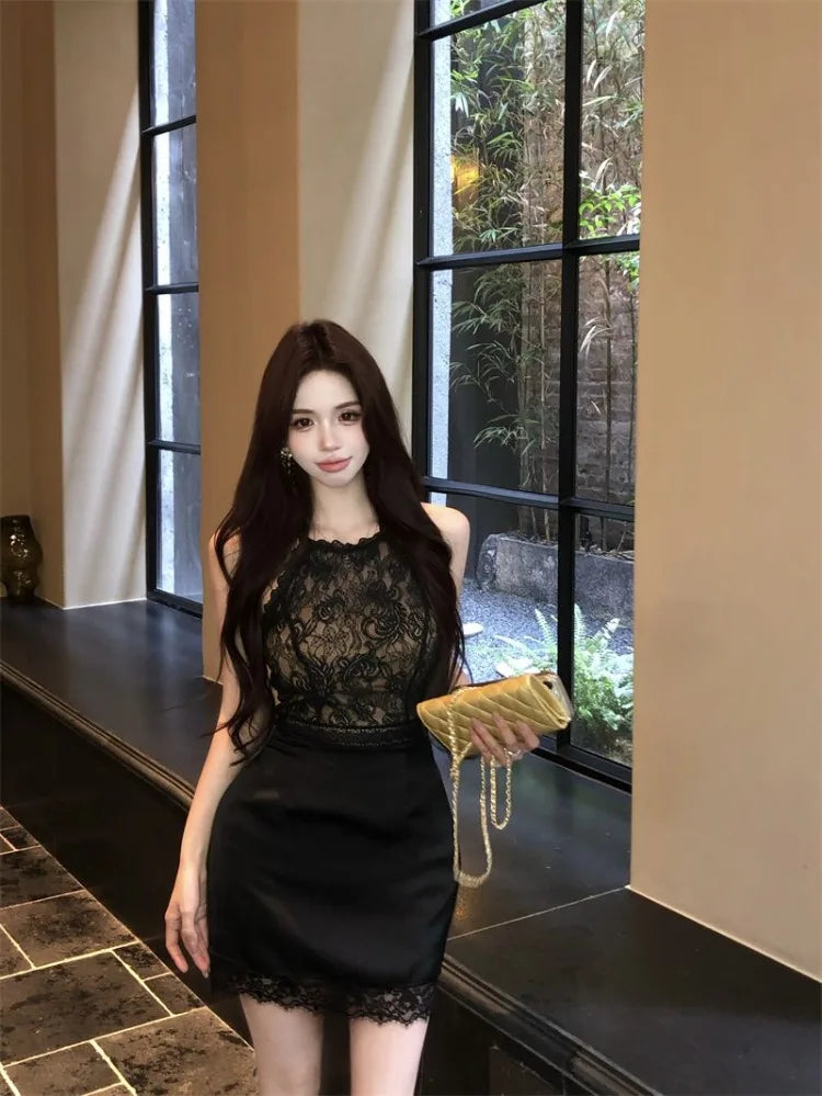 Hnewly  Woman Dress Sexy Sleeveless Lace Patchwork Bow Bandage Summer Fashion Elegant Slim Party Mini Dresses Female Club