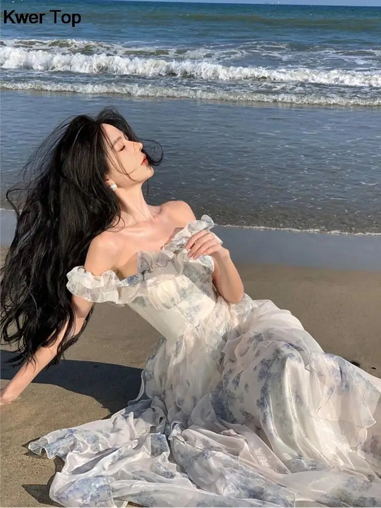 Hnewly Fashion Bohemian Print Long Dresses France Elegant Ruffles Strap Beach Holiday Vestidos Summer Korean A-line Robe Women