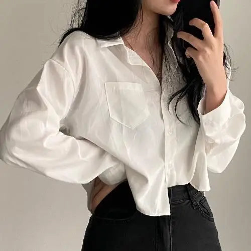 Hnewly Shirts Women Korean Style Vintage Fashion Turn-down Collar All-match Design Single Breasted Crop Top BF Ladies Harajuku Leisure