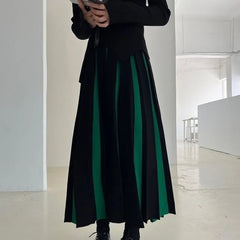 Hnewly  Fashion Black White Patchwork Skirts Woman Korean Elastic Waist Knitted Pleated A Line Skirt Lady Loose High Waist Maxi Skirts