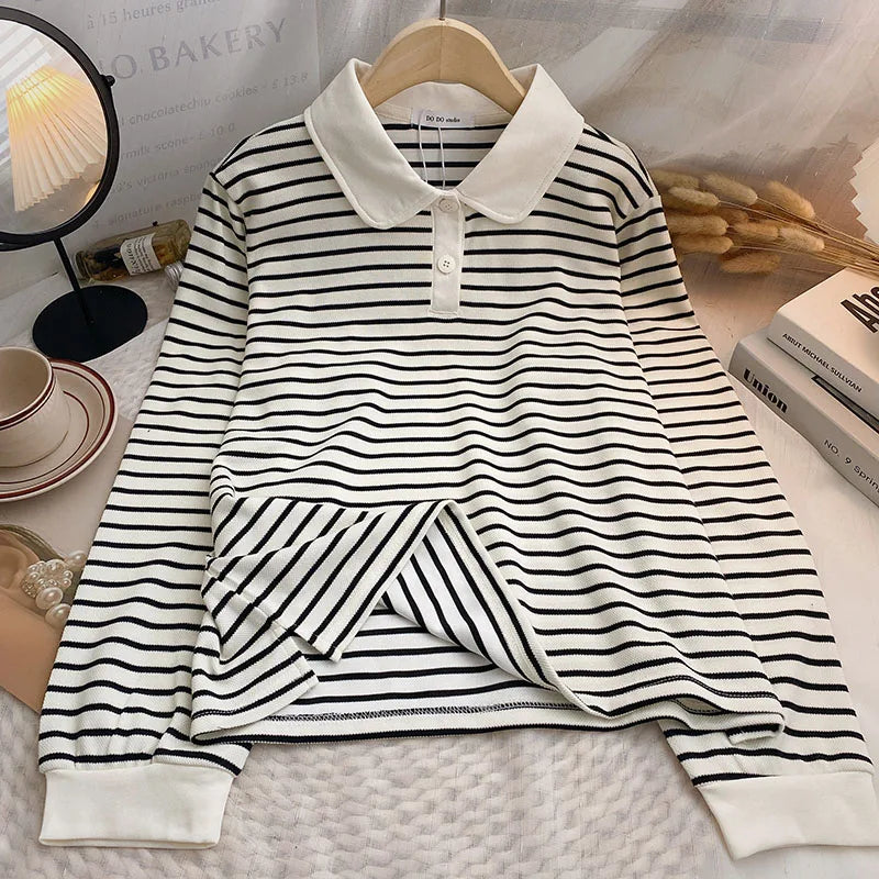 Hnewly  Classic Black White Striped Sweatshirts Casual Loose Turn-down Collar  Women's Spring 2025 New Korean Long Sleeve T-shirt Top