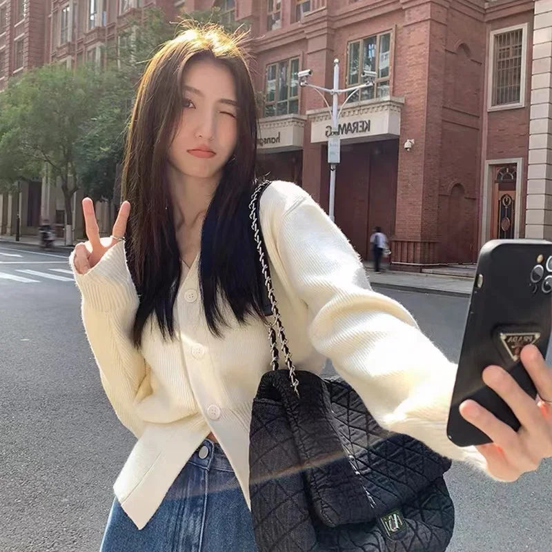 Hnewly  Women's Petite V-Neck Cardigan Soft Button Front Cropped Sweater Jacket Fall Winter 2025 Elegant Chic Outfit