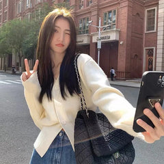 Hnewly  Women's Petite V-Neck Cardigan Soft Button Front Cropped Sweater Jacket Fall Winter 2025 Elegant Chic Outfit