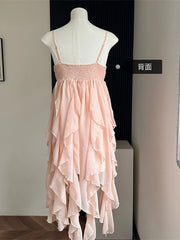 Hnewly Fashion New Women Vacations Pleated Suspender Vestidos Solid Color Irregular Ruffle Design Female Dress Vintage Cozy Chic