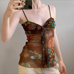 Hnewly Retro Mesh Floral Print Camis Sexy See Through Sleeveless Crop Top y2k Vintage Ruffles Tee Summer Holiday Transparent Top