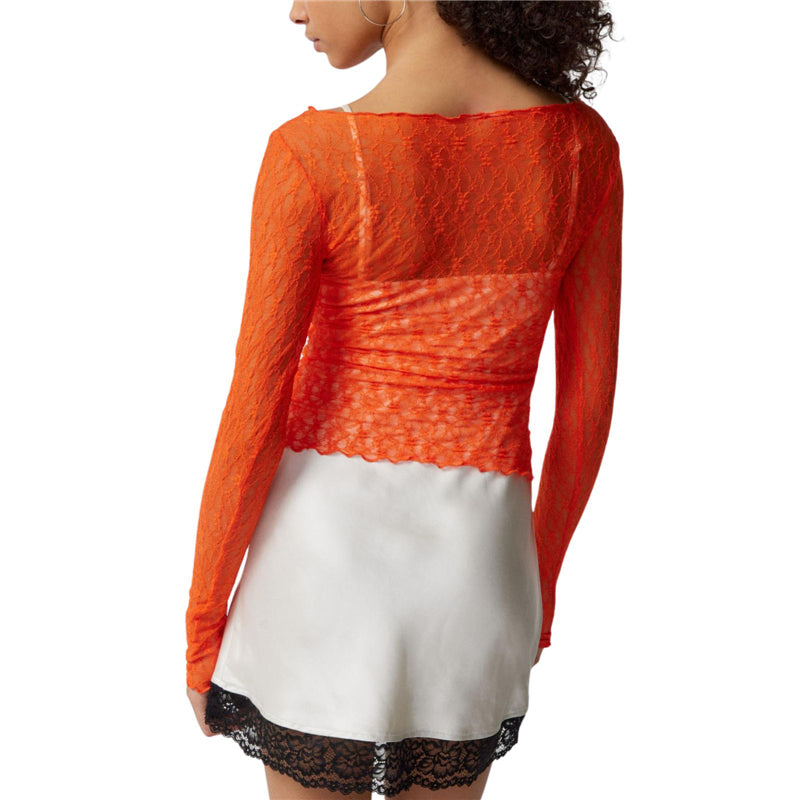 Hnewly Lace Tops for Women y2k Clothes Sheer See Through Round Neck Long Sleeve Ruched T Shirt 2000s Clothing Party Clubwear