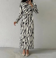 Hnewly  Women's Autumn Round Neck Graffiti Long Sleeve Maxi Dress, Striped Printed Pattern Lace Up Elegant Long Dress