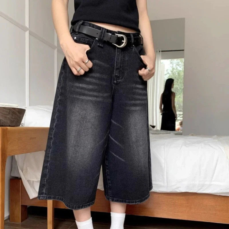Hnewly  Black Baggy Denim Shorts Women Y2k Vintage Wide Leg Jorts Washed High Waist Streetwear Casual Fashion Loose Trousers