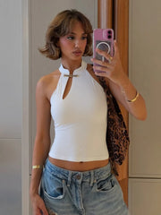 Hnewly  Cheongsam Buckle Tank Tops Women Y2K Summer Trend Basic Classic Hollow Solid Simple Street Stretch Daily Chic Vest