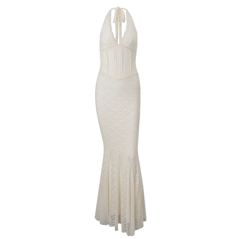 Hnewly French Elegant Lace V-neck High Waist Backless Bodycon Halter Maxi Dress Y2K Summer Fashion Party New Women Vestidos