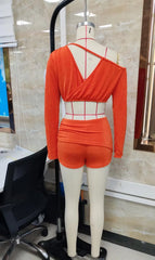 Hnewly  Summer 2Pieces Corduroy Outfits Set Skew Collar Long Sleeve Wrap Cropped Tops with Fold Over Ruched Waist Slim Shorts