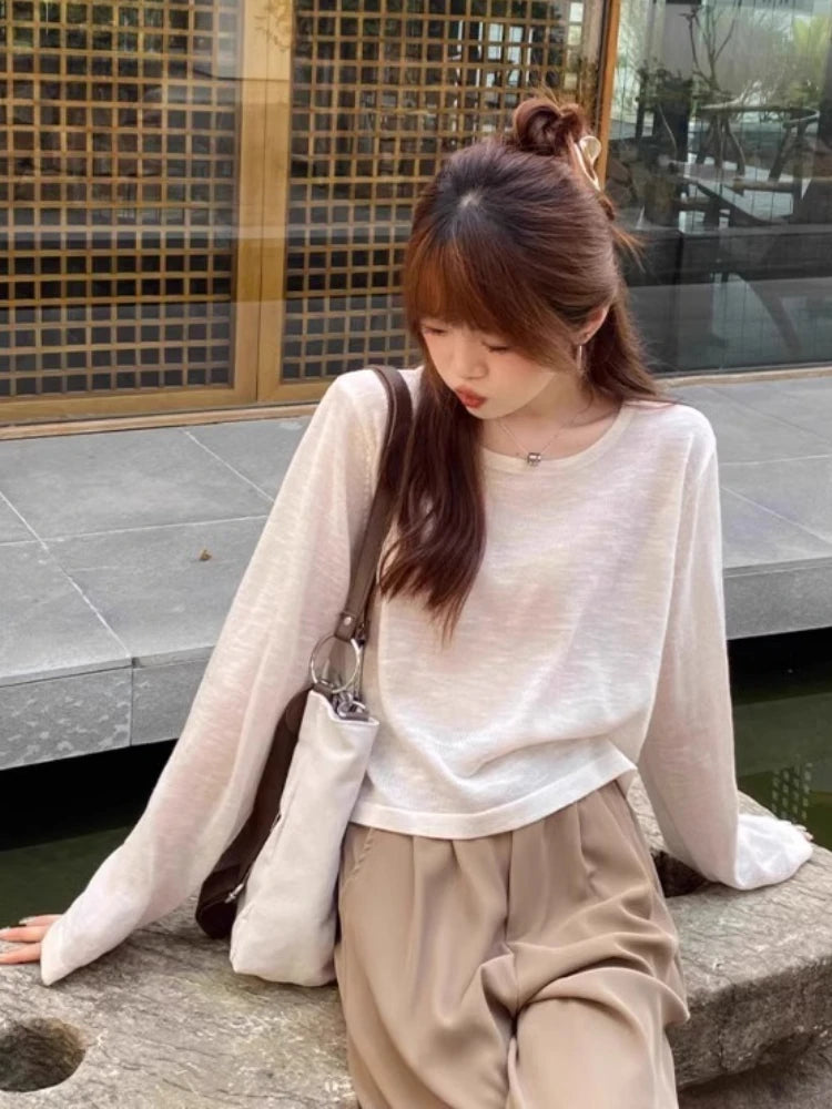 Hnewly  Breezy Long Sleeve Knit Top for Women Breathable O-neck Boxy Pullovers Blouse Summer Sunscreen Shirt Cover Up Casual Outfit