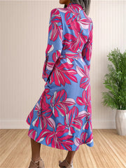 Hnewly  Women's Floral Dresses Casual Print Long Sleeve Maxi Shirt Sundress Bohemian Pleated Slit Beach Bodycon