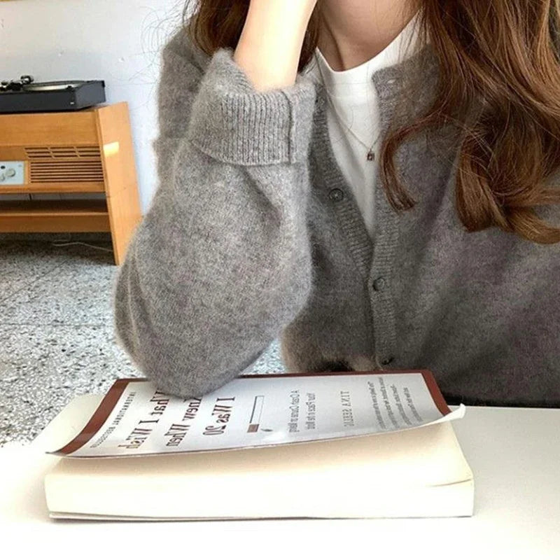 Hnewly Cold Weather Outfits Fall Solid Color Knitted Cardigan Women Korean Single Breasted Long Sleeve Jumper Woman Round Neck All Match Sweater Outwear Top