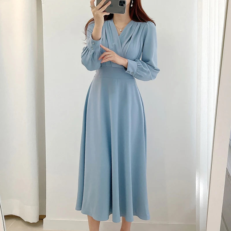 Hnewly Harajuku V-neck Puff Sleeve A-line Maxi Dresses for Woman Women Solid Color Midi Robe Korean Office Dresses Elegant Spring