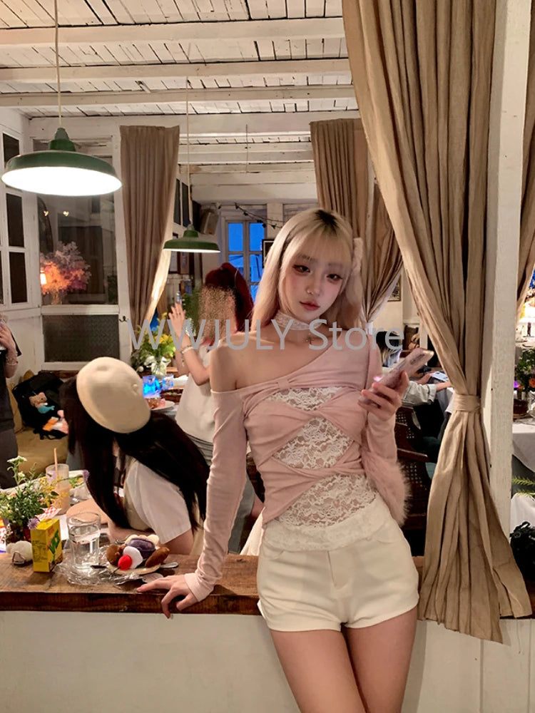 Hnewly Autumn Sweet Lace Slim Tops Y2k E-Girls Kawaii Hollow Tops Long Sleeve Korean Fashion T Shirts Harajuku Elegant Clothing Chic