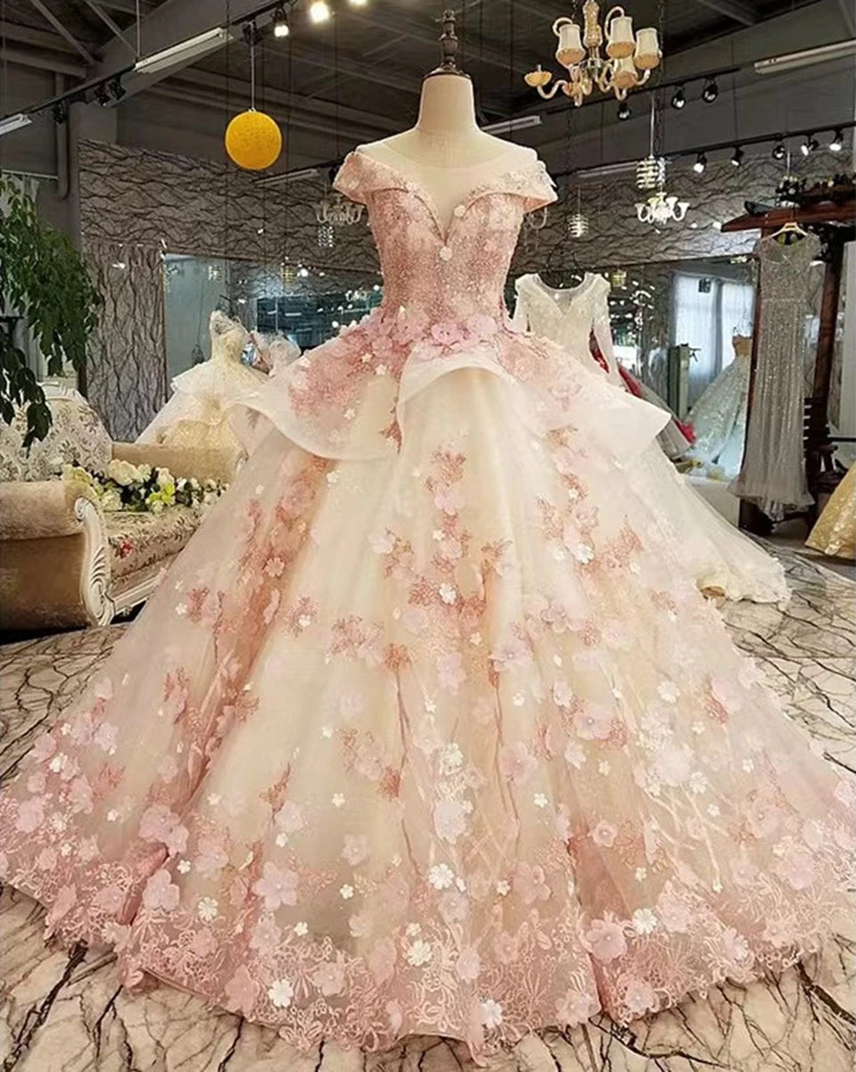 Hnewly  Charming Pink Sweetheart Quinceanera Dresses Off Shoulder Lace Flower Applique Party Princess Ball Gown Vestidos De 15 Años