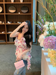 Hnewly  Irregular Camis Women Sweet Sexy Floral Printed Slash Neck Vintage Summer Fashion Holiday Tank Tops Female Casual