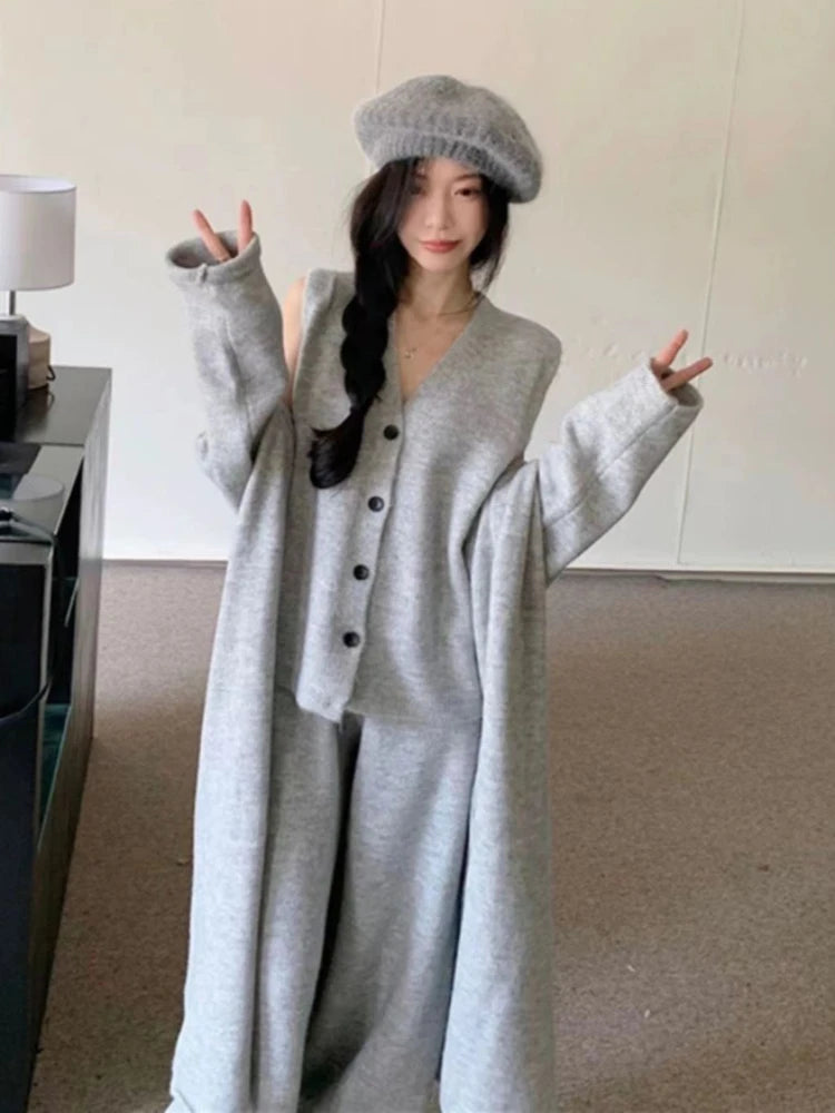 Hnewly Winter French Knitted Suits 3 Piece Set Women Casual Long Cardigan + Vintage Vest + Office Lady Long Pants Korean Fashion