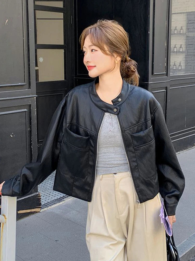 Hnewly  Sweet Biker Pu Jacket Women Vintage Preppy Style Big Pockets Short Coat Casual Korean Long Sleeve Retro O Neck Cute Tops