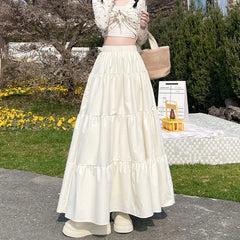 Hnewly  Korean Style Elastic High Waist White Skirt for Women Summer Loose Pleated Long Skirts Woman Vacation A Line Umbrella Skirt
