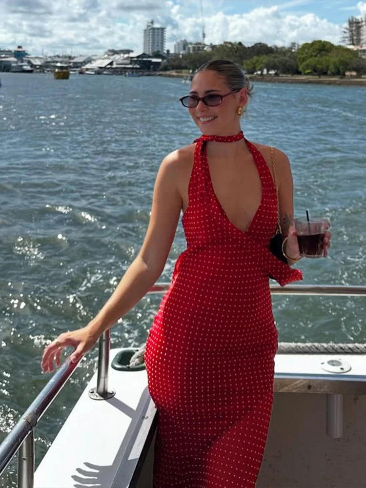 Hnewly  Polka Dot Print Fashion Maxi Dress Women Scarf+Halter Low-Neck Bandage Backless Robe Vacation Trend Elegant Vestidos