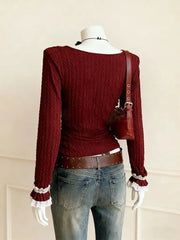 Hnewly  New Spring Vintage Slim Y2k T-Shirts Women Warm France Design Retro Lace Patchwork Thin Skinny Long Sleeve Hot Girl Tees