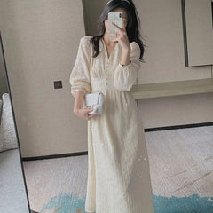 Vintage French Puff Sleeve Midi Dresses for Women Korean Sequins Party Dress V Neck Elegant Fairy Wedding Dress Robe