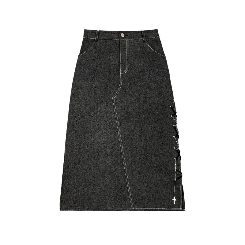 Hnewly  Denim Midi Skirts Women Autumn Lace-up Vintage Side-slit Personality Streetwear High Waist All-match Y2k Girls Chic A-line Jupe