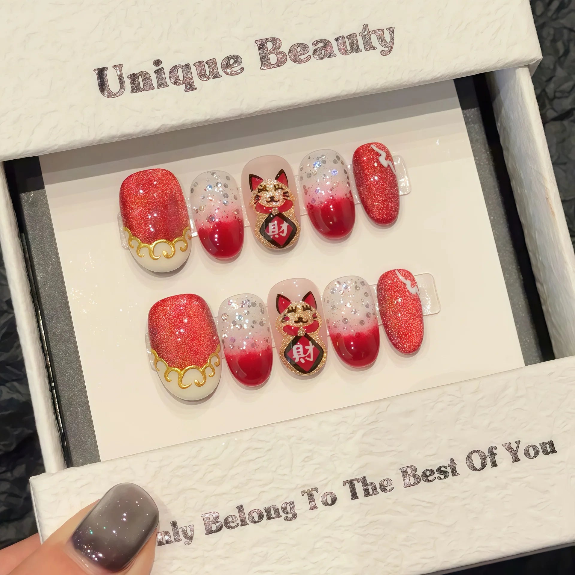 Hnewly 10pcs Blush Pink Fake Nail Patches Handmade Pearl Love Heart Press On Nails Planet Cross Designs Detachable Almond
