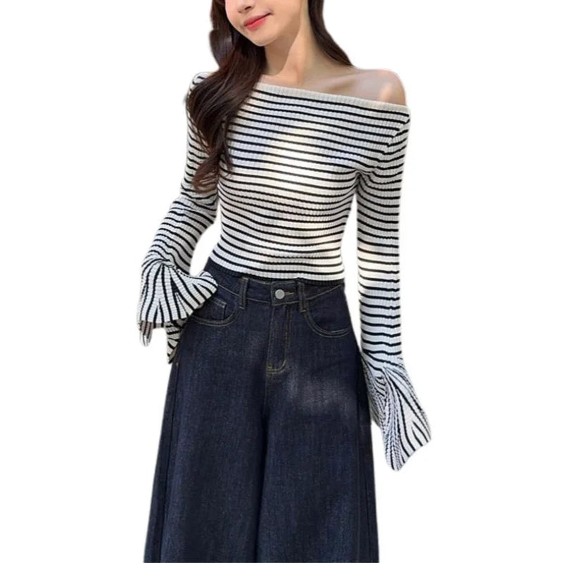 Hnewly y2k Knit Top Women Clothes Elegant Striped Off Shoulder Flared Long Sleeve T Shirt 2000s Aesthetic Clothing Streetwear
