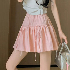 Hnewly  Sweet Bow Knot A-Line Short Skirt for Women Summer Thin Style High Waist Mini Skirt Woman Y2K Solid Color Fold Cake Skirt Female