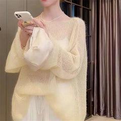 Hnewly  Korean Style Office Basic Pullovers Women Solid Summer Hollow Out Thin Fashion Loose Sun-proof Casual Cozy Popular Tops