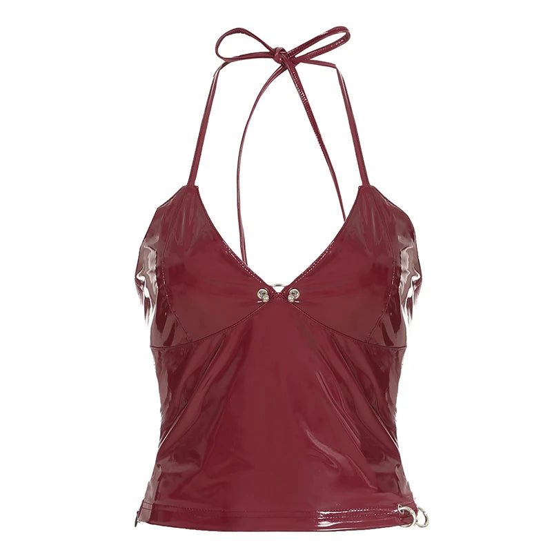 Hnewly Christmas Solid Metal Button Women’s Halter Tops Sleeveless Pu Leather Punk Baddie Slim Women Blouses Streetwear Clothing