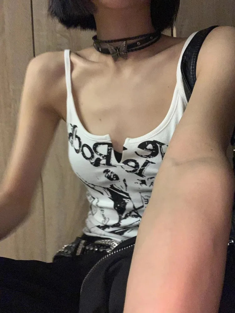 Hnewly  Y2k Street Punk Print White Camisole Vest for Women Fashion Sexy Slim Fit Tank Top 2025 Summer New Bottoming Tops Mujer