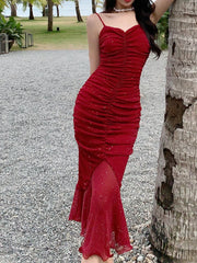 Hnewly NEW YEAR DRESS TO IMPRESS Women Sexy Spaghetti Strap Sleeveless Red Dress Female Backless Mermaid Midi Dresses Vestidos