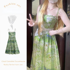 Hnewly French Sweet Floral Print Dress Women Casual Sleeveless Lace Slim Waist Even Party Clothing Korean Fashion Vintage Elegant