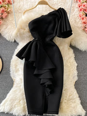 Hnewly Christmas DRESS TO IMPRESS Sweet Style Y2K Long Dresse For Women Three-dimensional Ruffles Split Diagonal Collar Dresses Spring Summer New