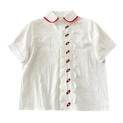 Hnewly  Embroidered Floral Lace Trim Shirt Women's Summer Casual Doll Collar Single-Breasted Tops Short Sleeves Versatile Thin Cardigan
