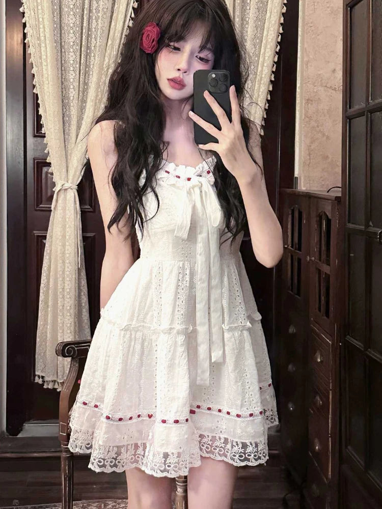 Hnewly 2000s Vintage Elegant Mini Dress Women Sweet Lace Hollow Out Sleeveless Dress Summer Birthday Party Strap Dress French