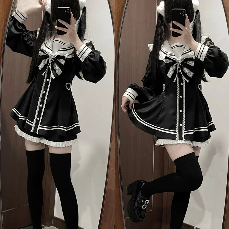 Hnewly DRESS TO IMPRESS Japanese Black Gothic Y2k Lolita Bow Dress Shorts Set Women Vintage Sweet Long Sleeve Shirt Party Dresses Slim Mini Dress 2000s