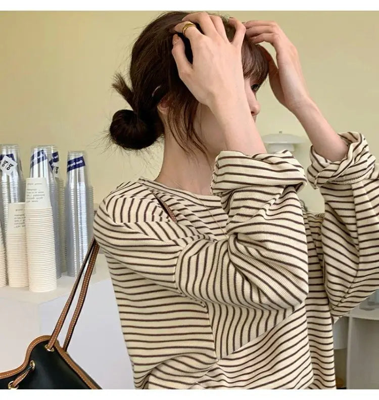 Hnewly  Coffee Stripes Cotton T-Shirts Women Loose Spring Autumn 2023 Lady Casual Full Sleeve O-Neck Chic All Match Tops