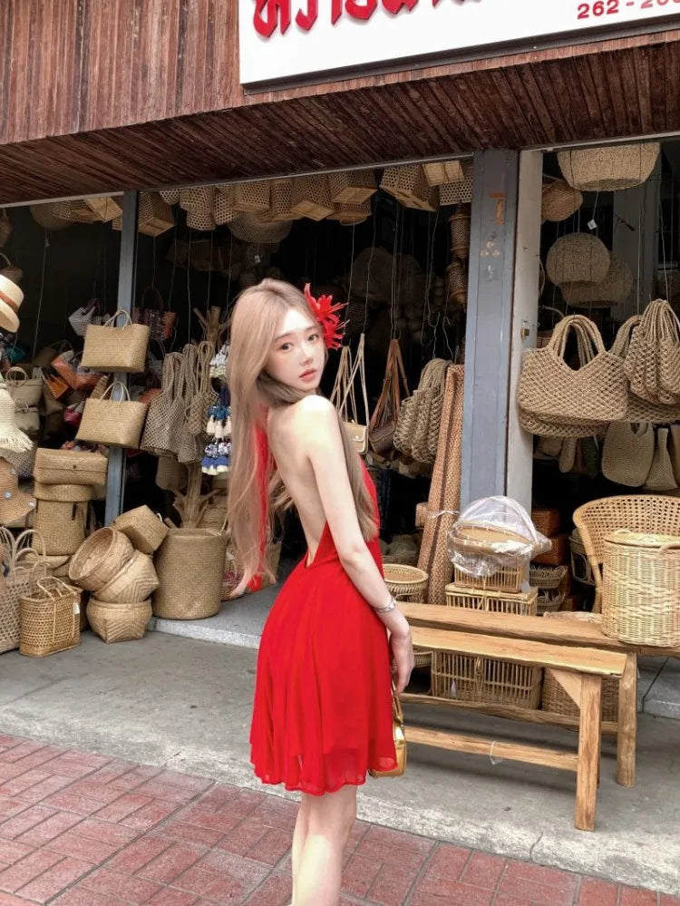 Hnewly  Woman Dresses Sleeveless V Neck Bandage Halter Backless Vintage Sexy Mini Dress Sweet Elegant Female Party Fashion